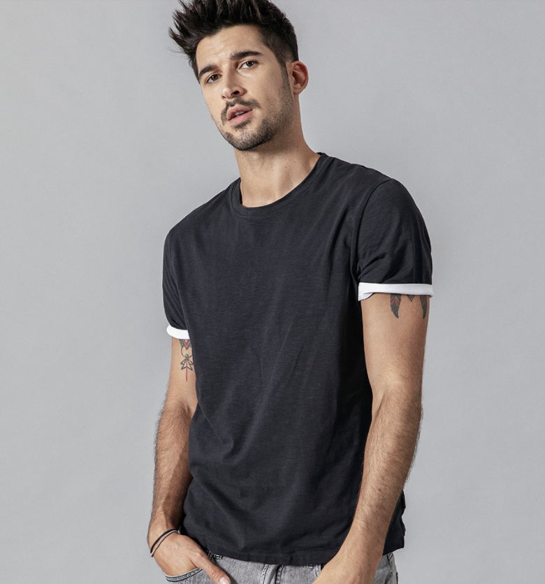 Men's clothing stitching contrast color fake two-piece men's short-sleeved t-shirt