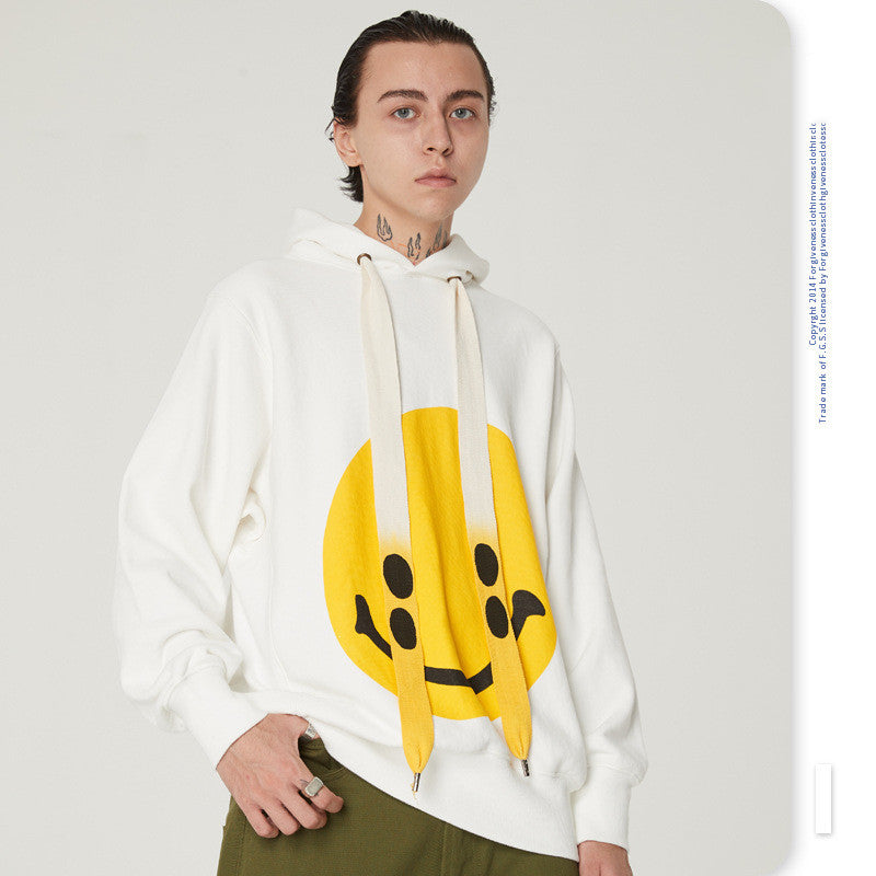 Retro smiley drawstring hooded casual sweater