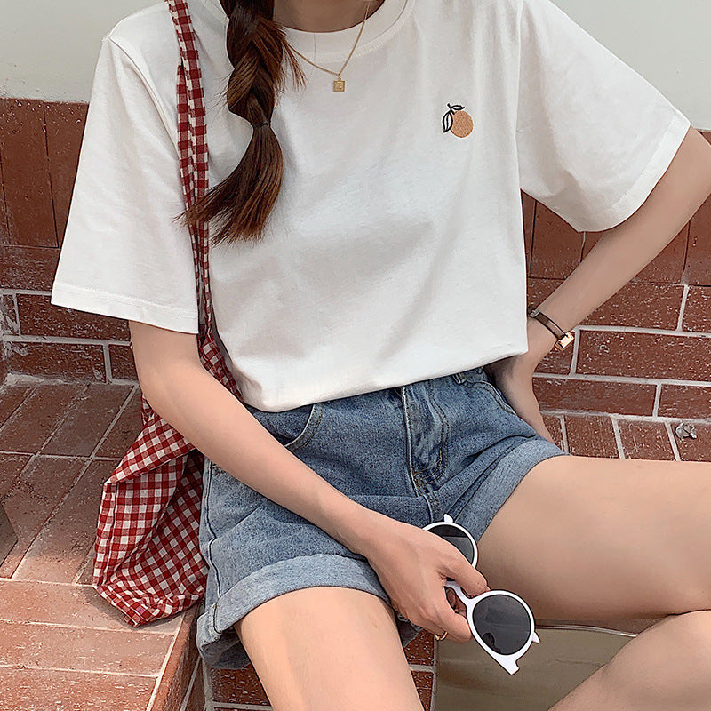 Women's Cotton Orange Embroidered Short-sleeved T-shirt New
