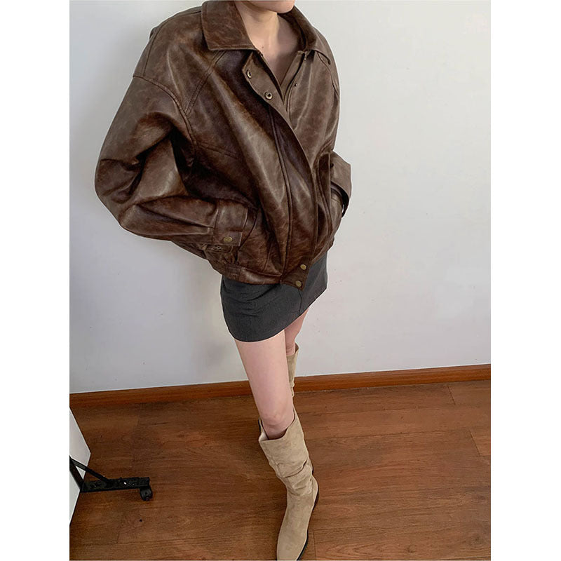 Women's Leather Loose Retro Distressed Coat