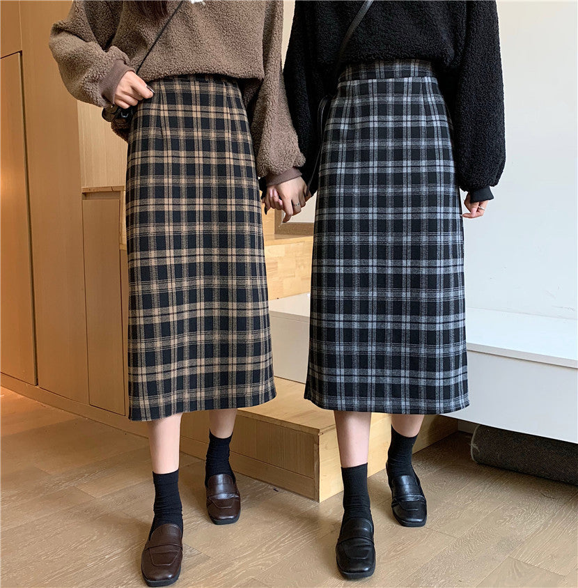 Woolen Plaid Slim Mid-length High-waist Retro Skirt