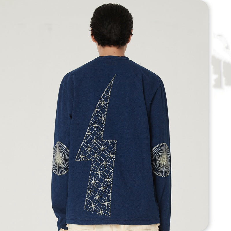 Washed Denim Lightning Embroidery Long Sleeve T-Shirt