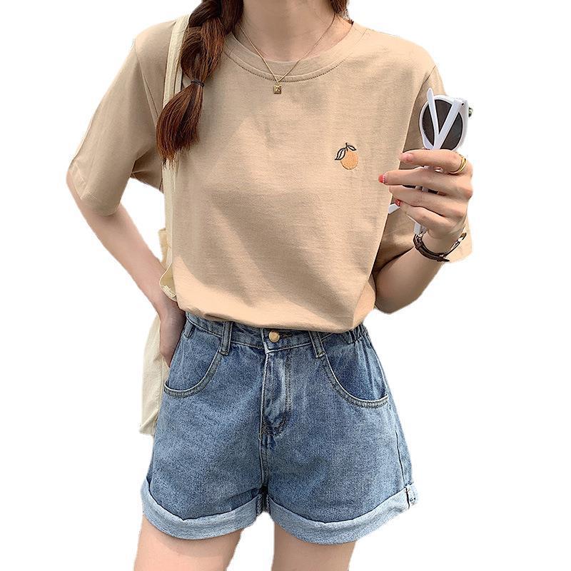 Women's Cotton Orange Embroidered Short-sleeved T-shirt New