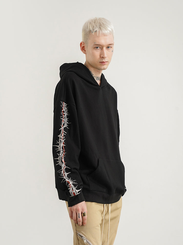 Loose Hooded Sweatshirt With Thorns Embroidery