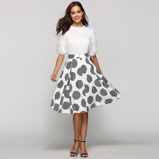 Large Polka Dot Round Slim Fit Mid-Length Skirt With Large Hem