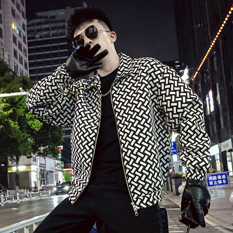 Men's Trendy Ruffian Stand Collar Houndstooth Thick Jacket