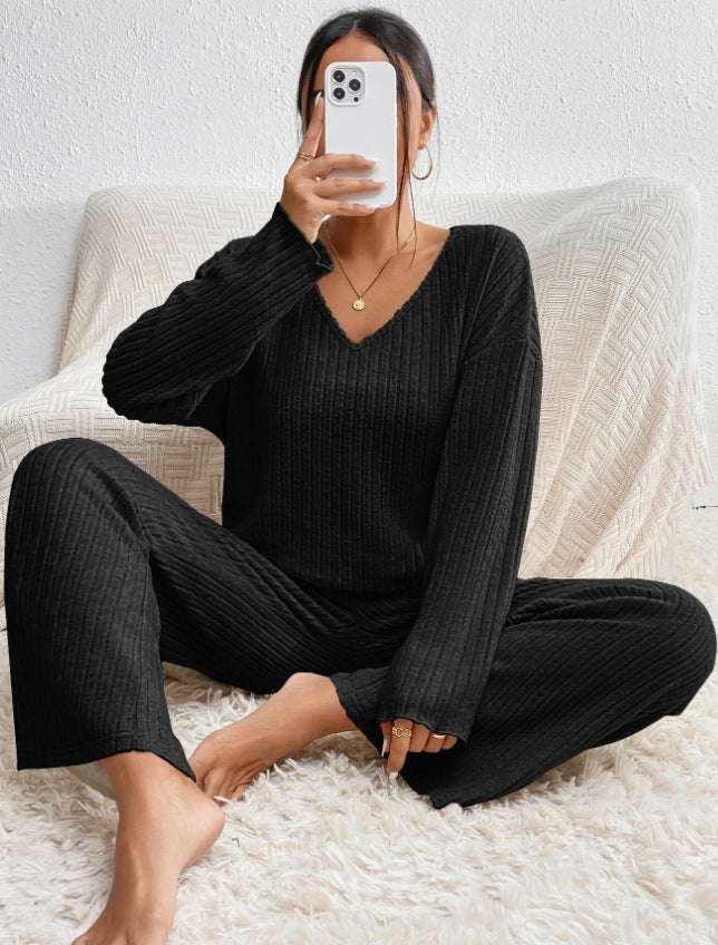 Women's Knitted Round Neck Long-sleeved Trousers Wide-leg Pants Two-piece Set