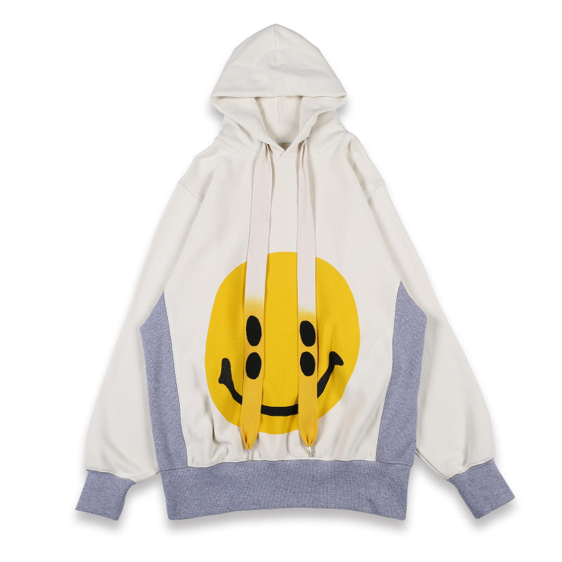 Retro smiley drawstring hooded casual sweater