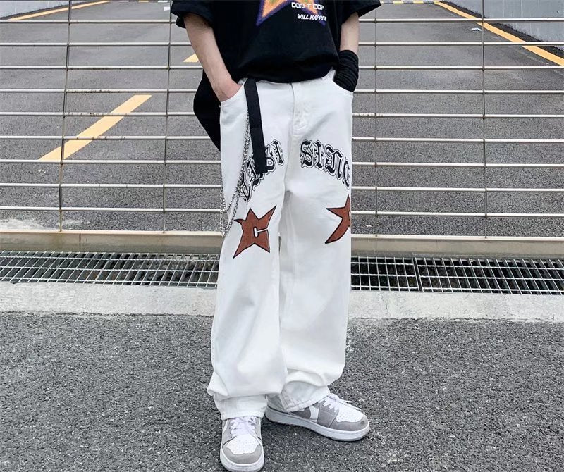 Retro Love Gothic Printed Jeans For Men And Women Loose-fitting Wide-leg Trousers