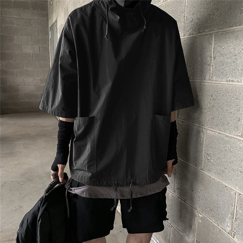 Men's Hong Kong Style Loose Hooded Half Sleeve T-shirt