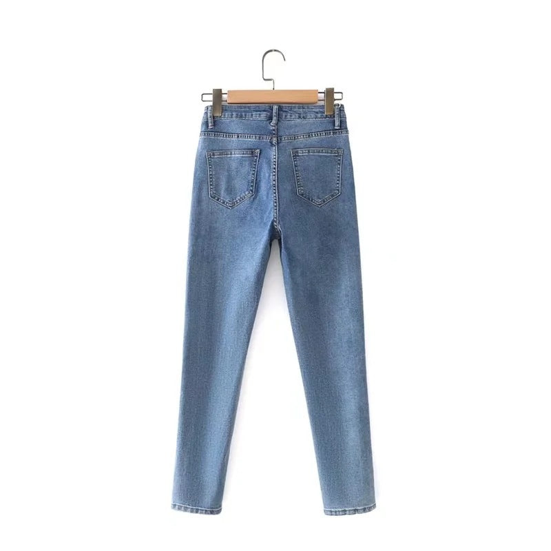 Women High Waist Loose Fit Blue Wash Casual Denim Trousers