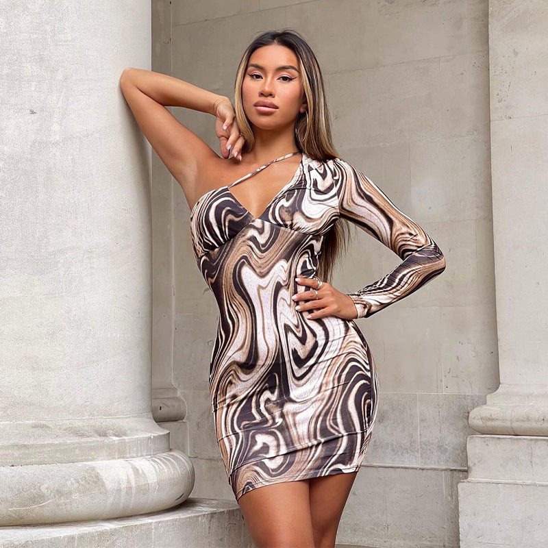 One Shoulder Long Sleeved Water Ripple Printed Buttock Wrap Dress