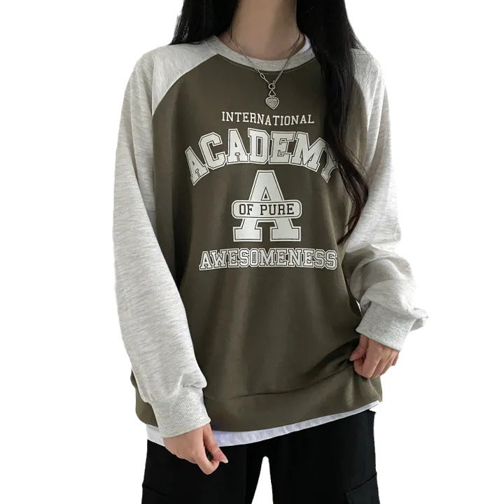 Women's Patchwork Pattern Sweater Springautumnwinter Korean Style Fleece-lined