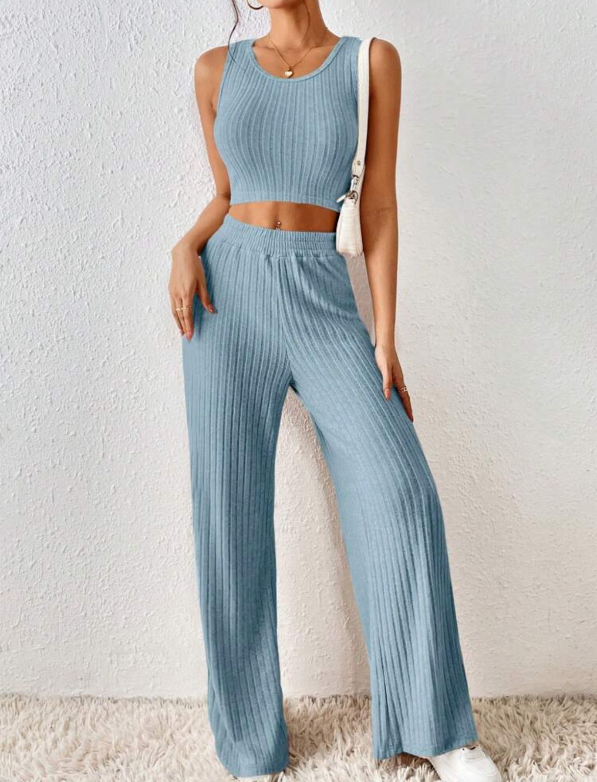 Fashionable Knitted Vest High Waist Trousers Suit