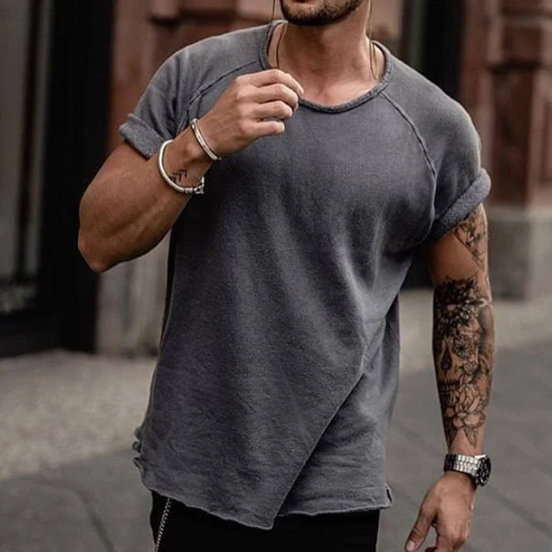 Men's Loose Distressed Solid Color Street Fashion Short Sleeve