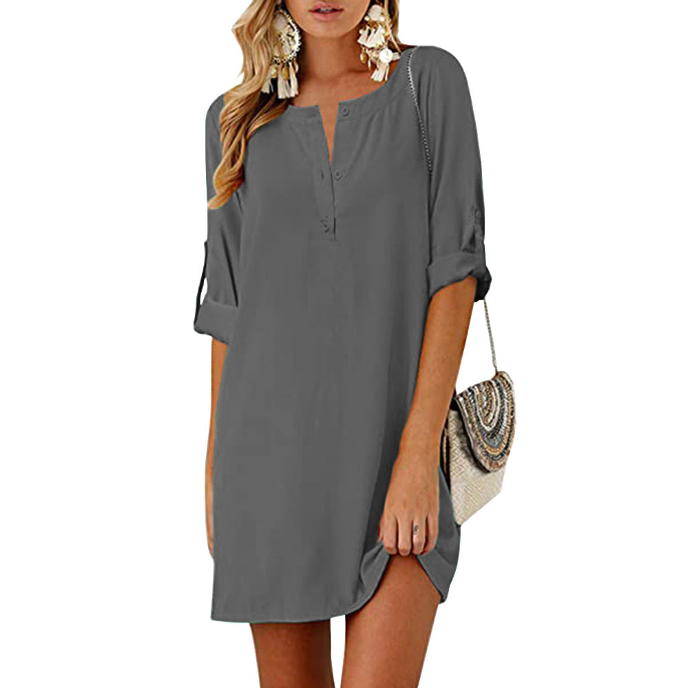 Cotton And Linen Loose 34 Sleeve Mid-length Dress