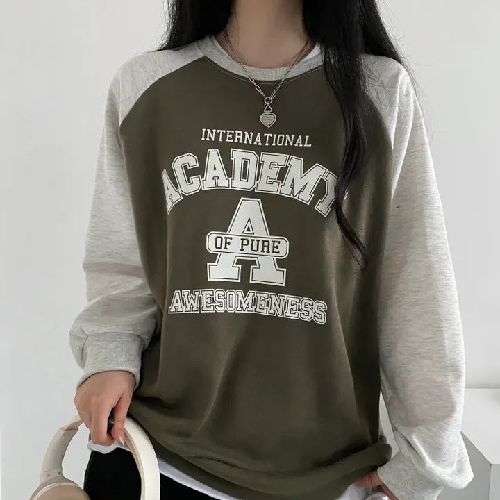 Women's Patchwork Pattern Sweater Springautumnwinter Korean Style Fleece-lined