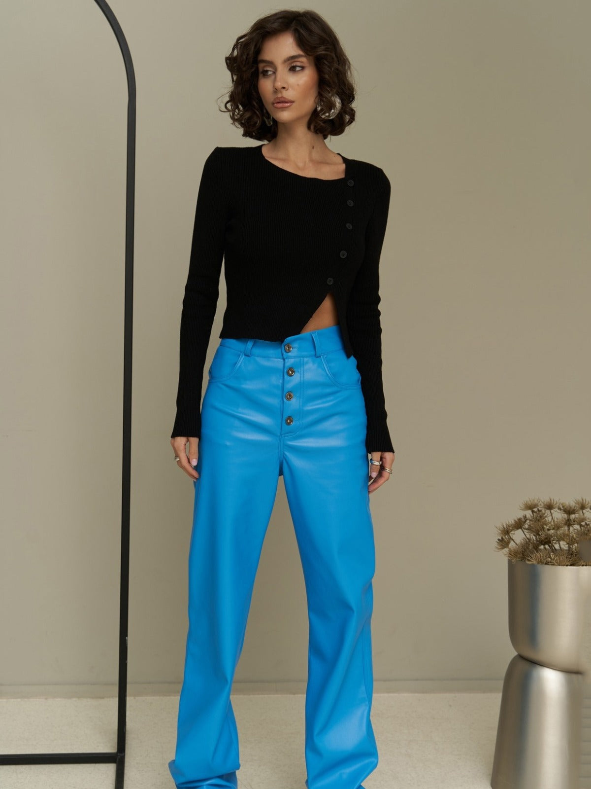 Straight Casual Button Leather Trousers For Women