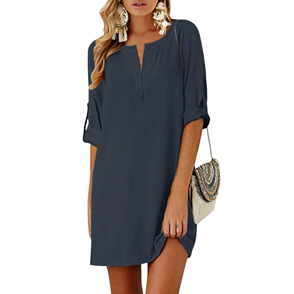 Cotton And Linen Loose 34 Sleeve Mid-length Dress