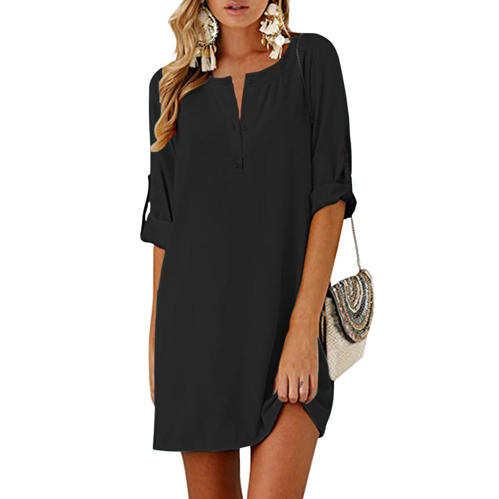 Cotton And Linen Loose 34 Sleeve Mid-length Dress