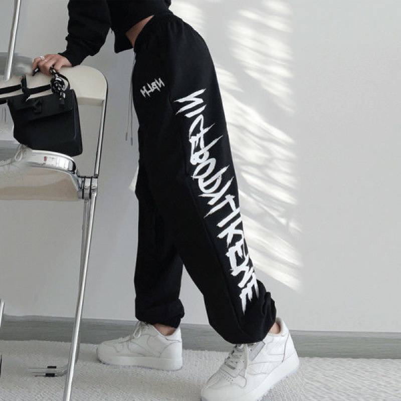 Womens Bottoms Black Drawstring Printing Sweatpants