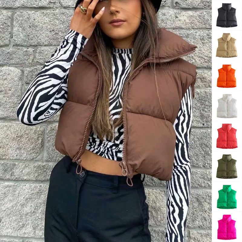 Winter Short Vest For Women Solid Color Zip Sleeveless Lapel Jacket Fashion Bread Coat