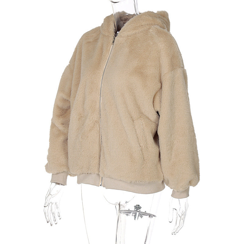 Autumn And Winter Lamb Wool Loose Coat Zipper Hooded Long Thick Top