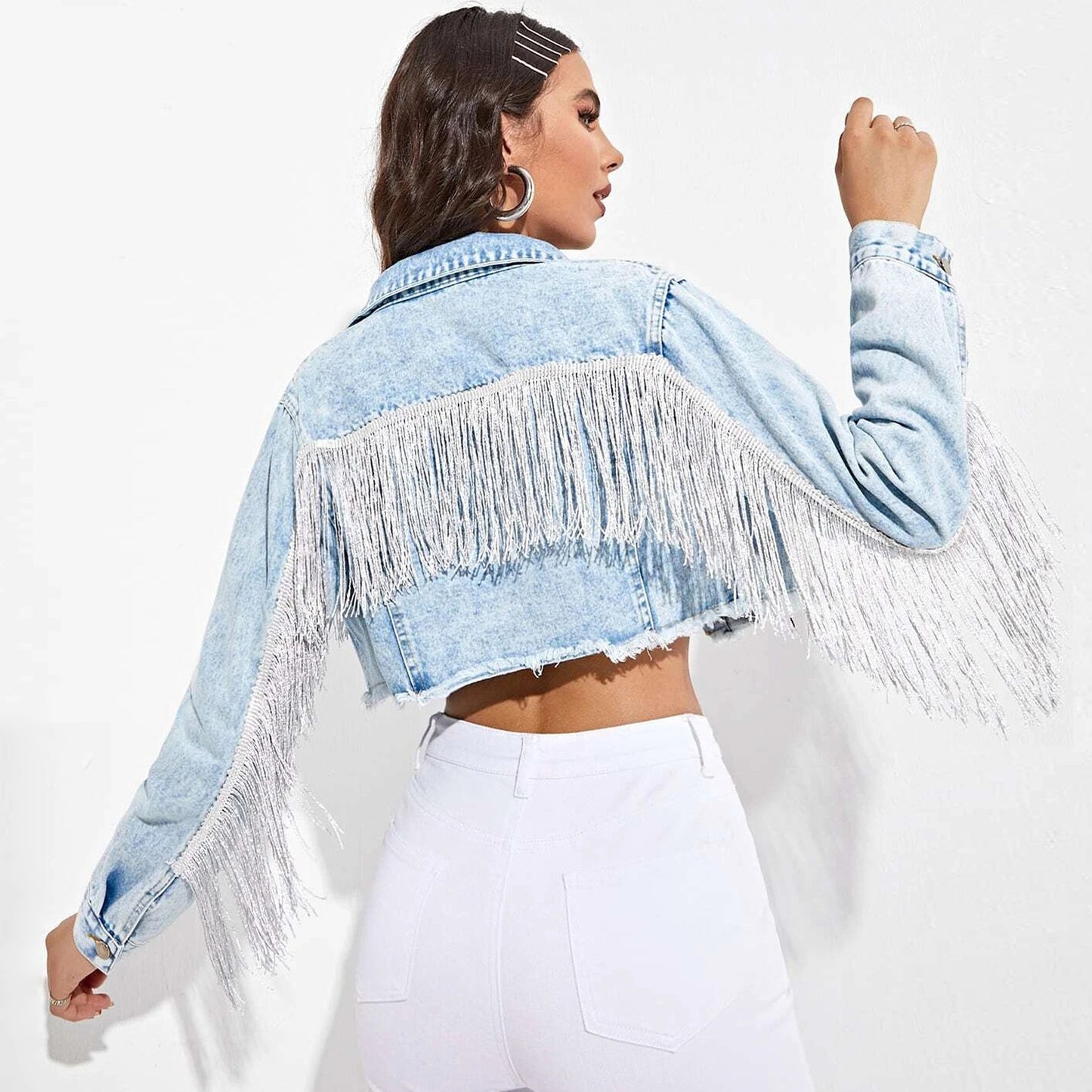 Women's Fashionable Fringed Stitching Distressed Denim Jacket