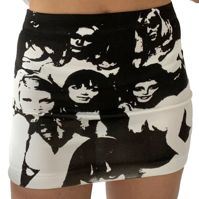 European And American Abstract Portrait Graffiti Printed Short Skirt Girl