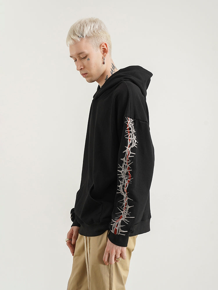 Loose Hooded Sweatshirt With Thorns Embroidery