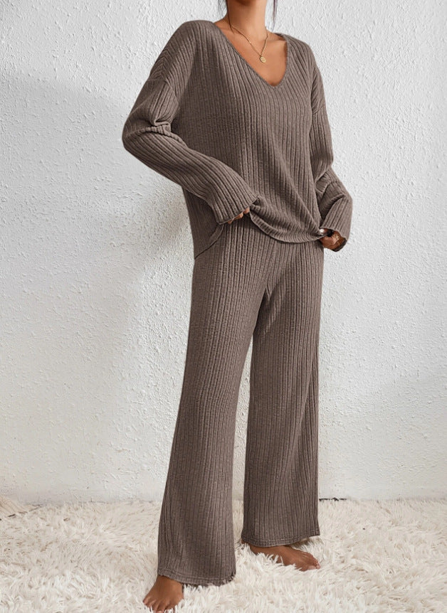 Women's Knitted Round Neck Long-sleeved Trousers Wide-leg Pants Two-piece Set