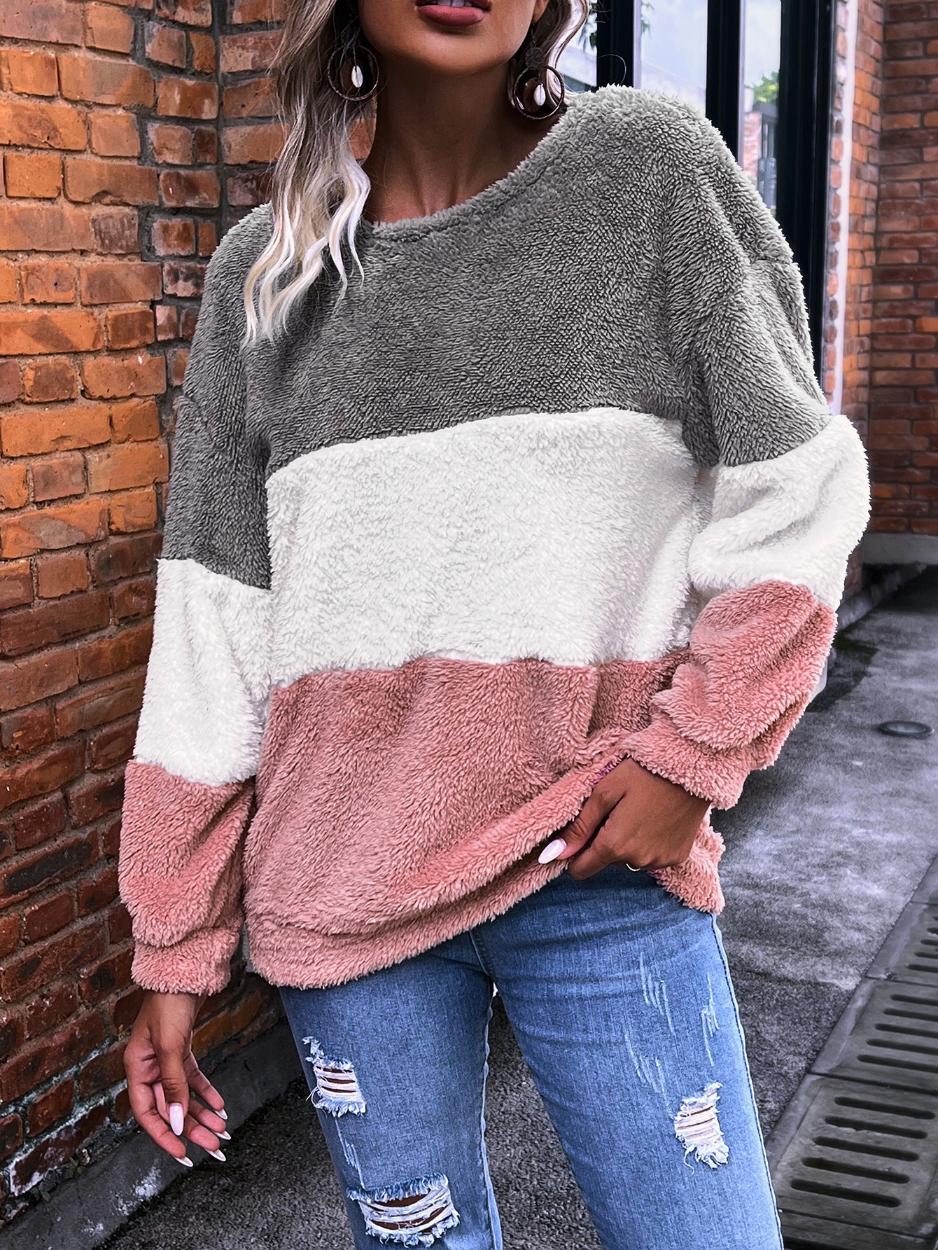 Women's Colorblock Crew Neck Flannel Sweatshirt