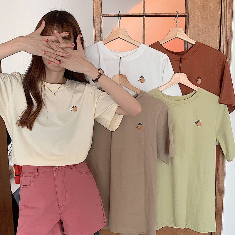 Women's Cotton Orange Embroidered Short-sleeved T-shirt New