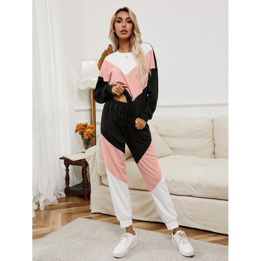 Colorblock Long Sleeve Trousers Elastic Waist Suit Women