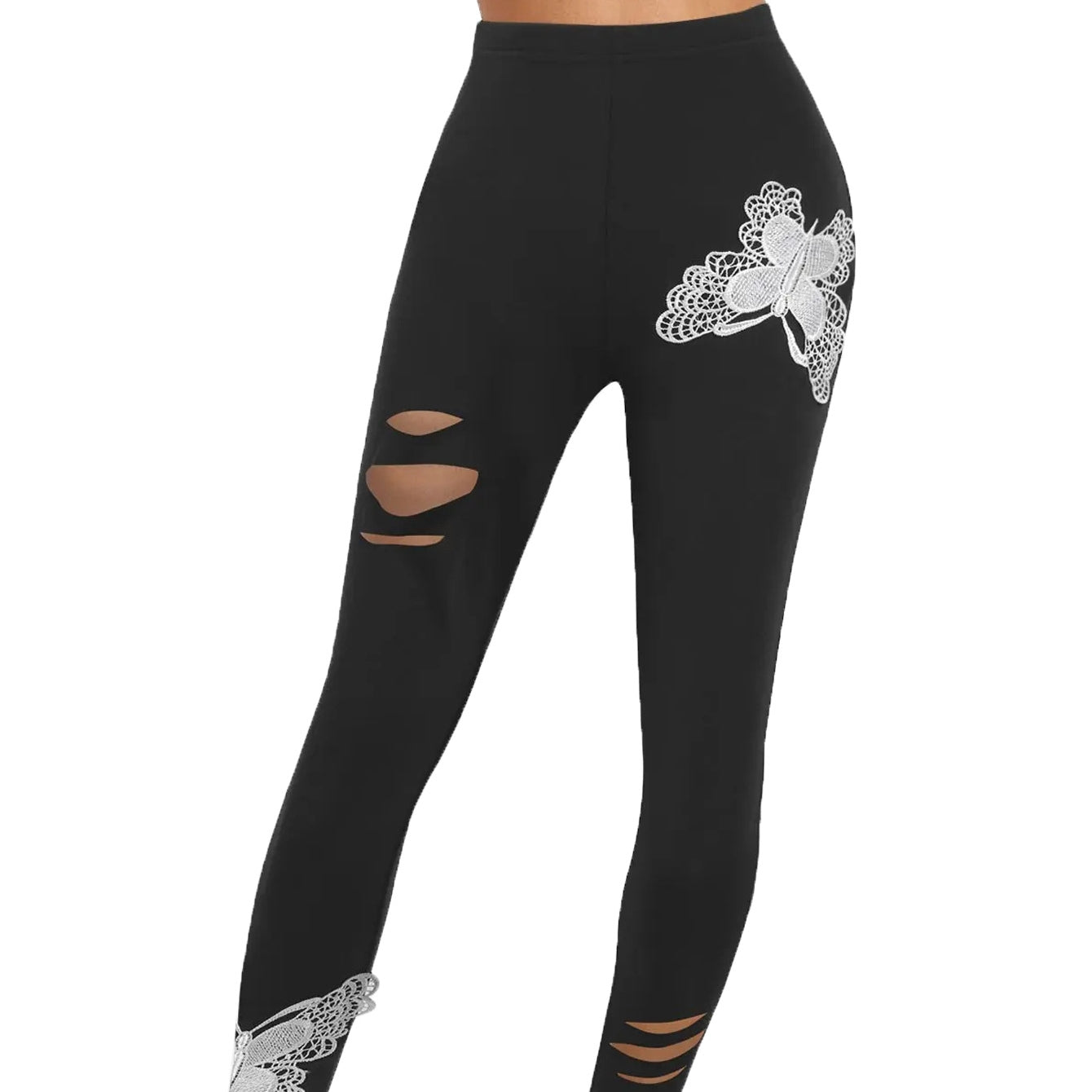 Women's Ripped Butterfly Print Imitation Denim Leggings