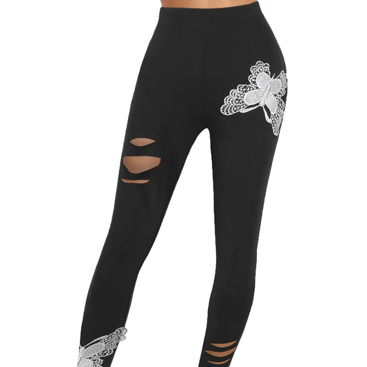 Women's Ripped Butterfly Print Imitation Denim Leggings