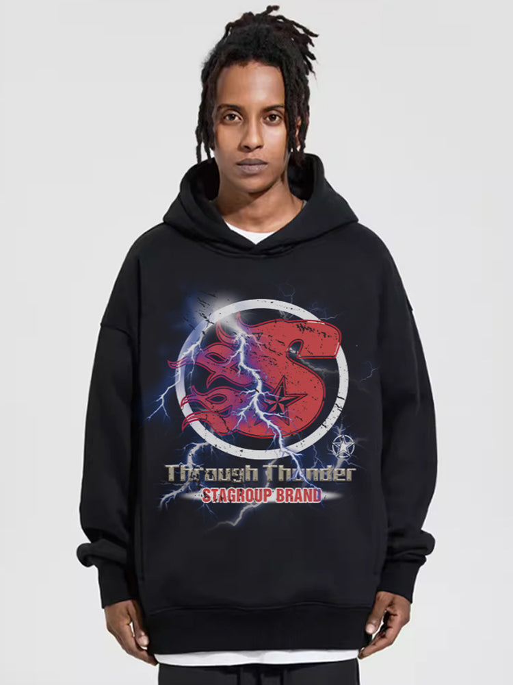 Retro Street Lightning Flame Loose Hoodie Man