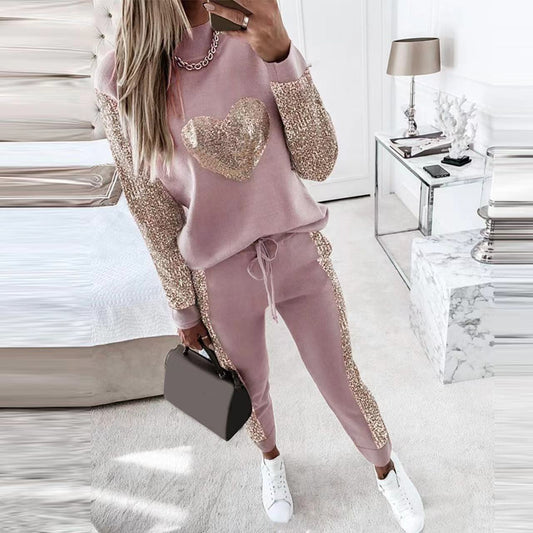 Women's Love Sequined Turtleneck Top And Trousers Casual Suit