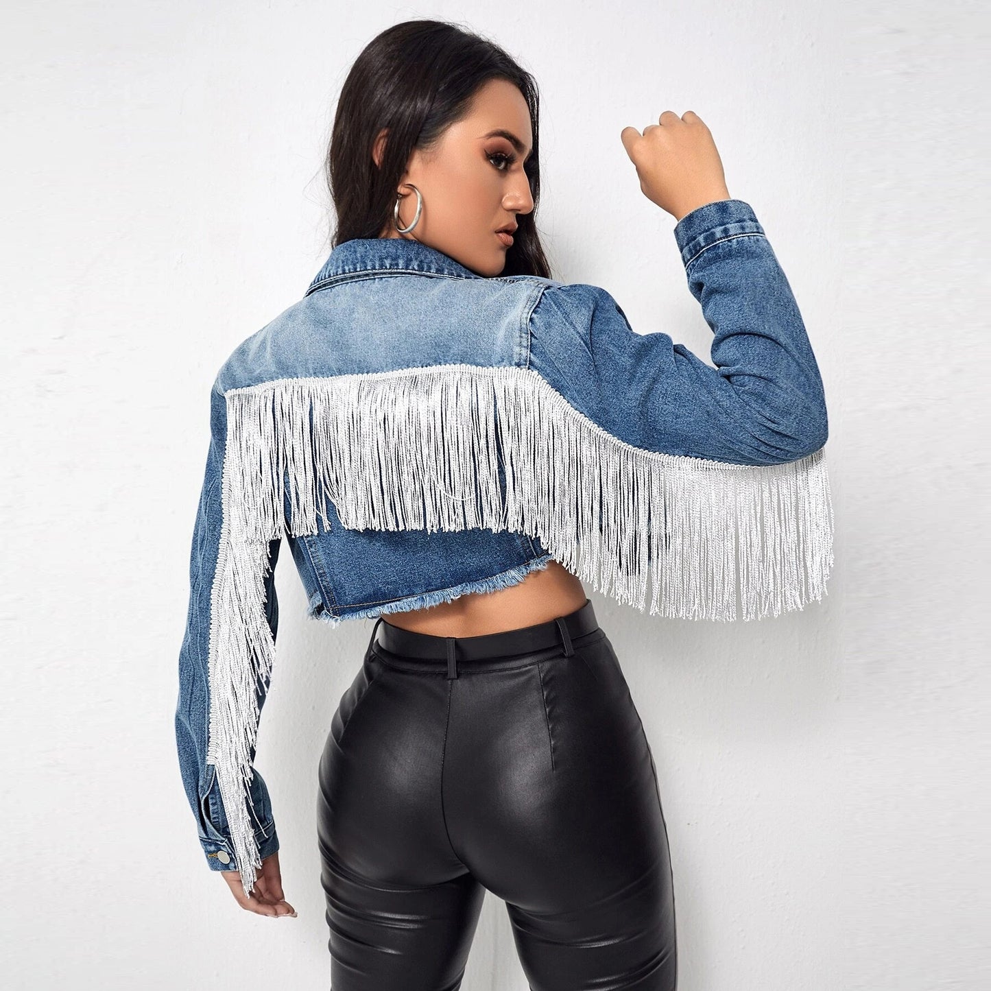 Women's Fashionable Fringed Stitching Distressed Denim Jacket