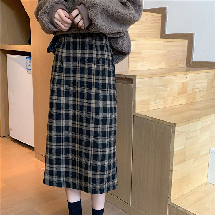 Woolen Plaid Slim Mid-length High-waist Retro Skirt