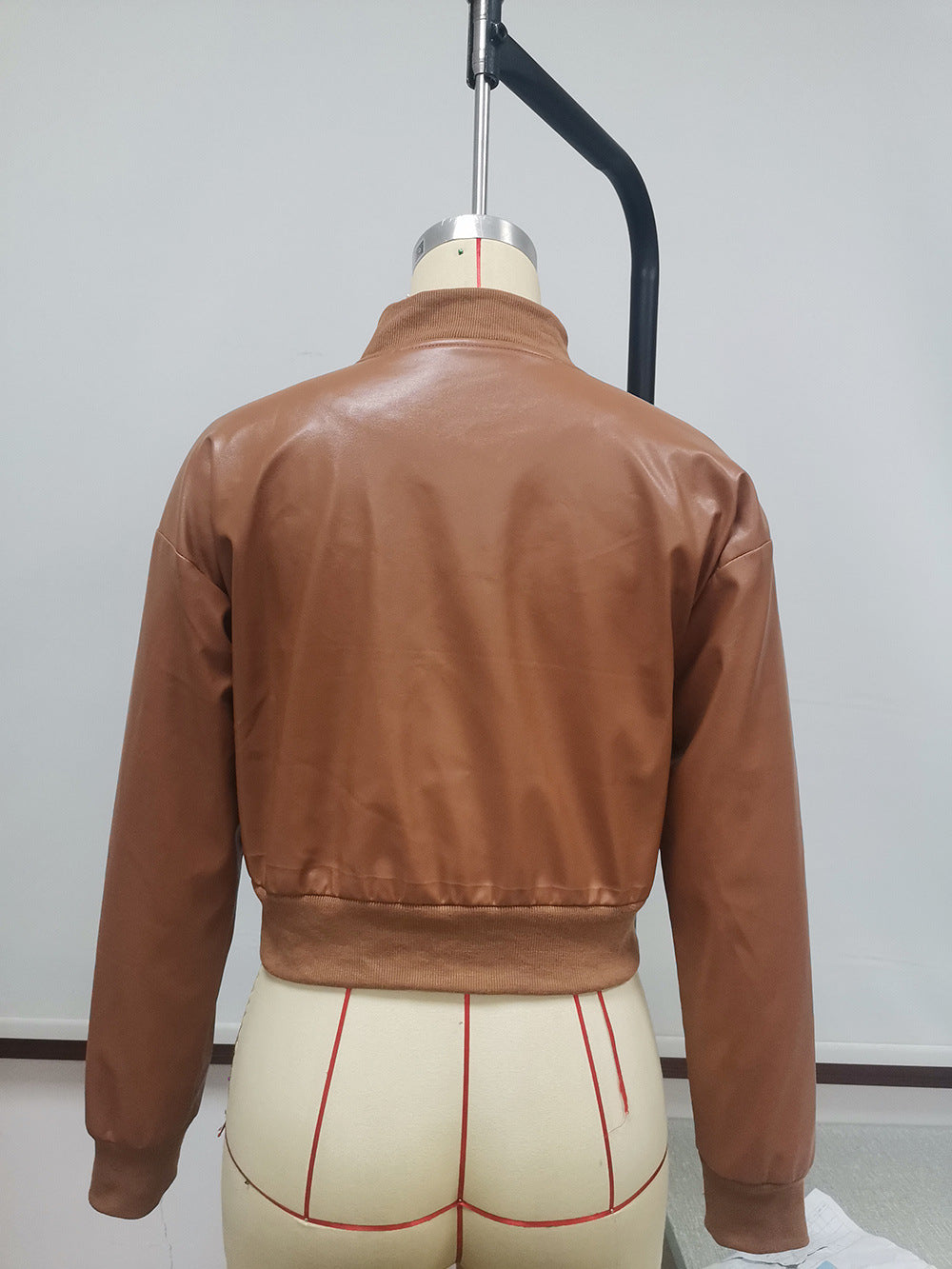 Casual Short Long-sleeved Solid Color Leather Jacket