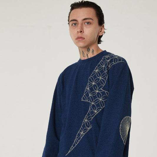 Washed Denim Lightning Embroidery Long Sleeve T-Shirt