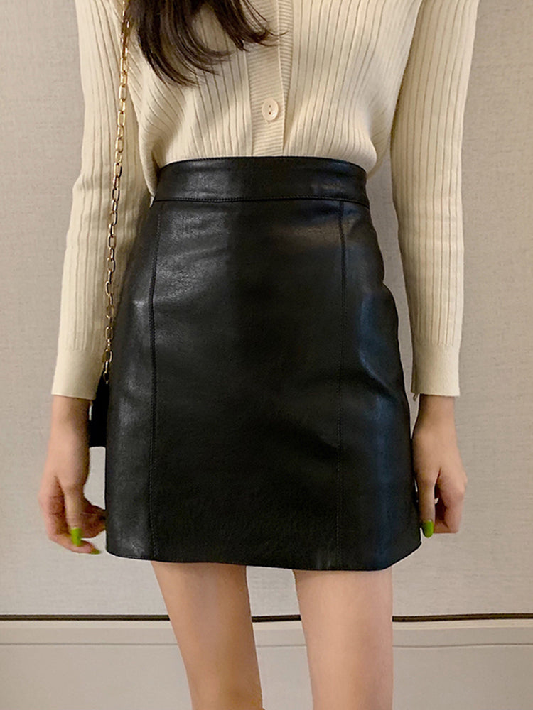 Bag Hip All-match Harajuku Korean Leather A-line High Waist  Skirt