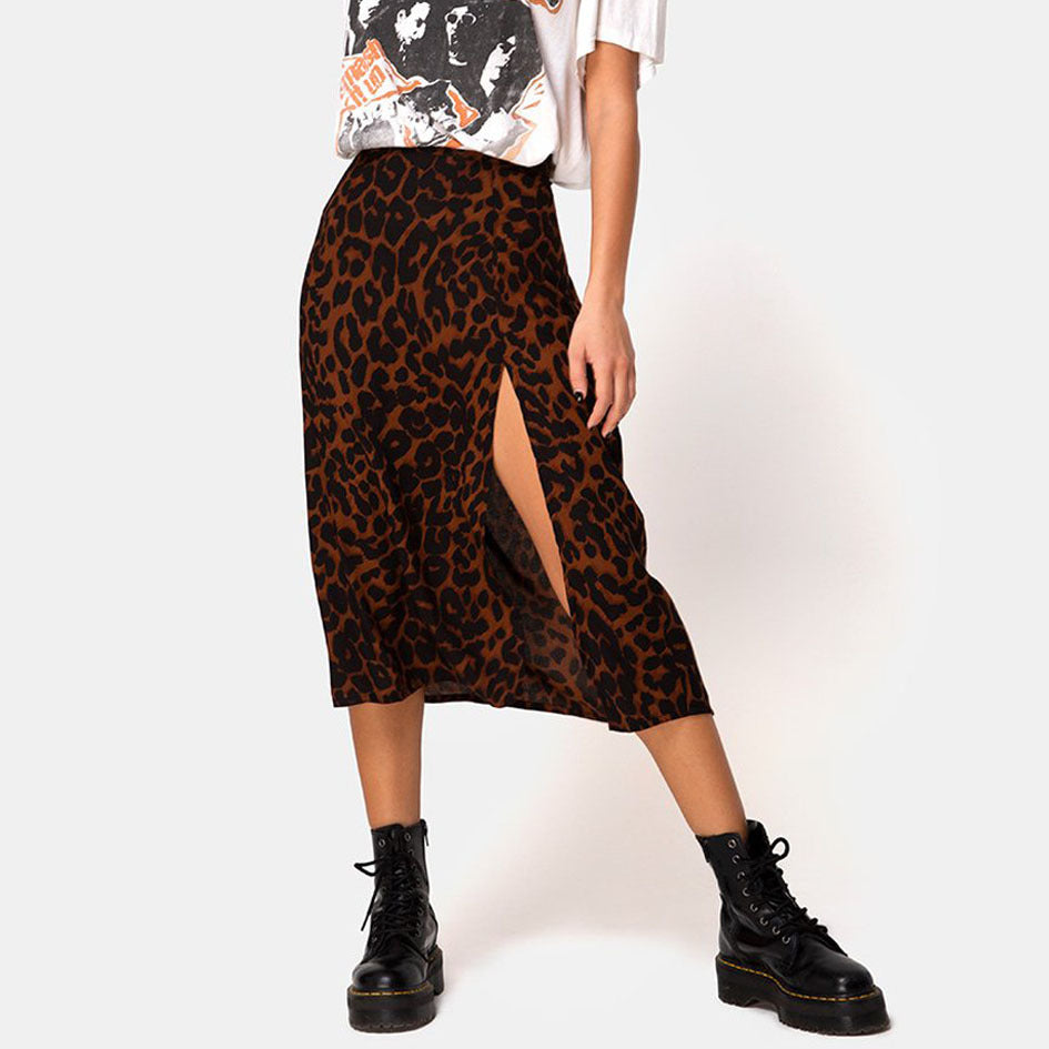 Floral Leopard Print High Waist Stretch Slit Long Skirt