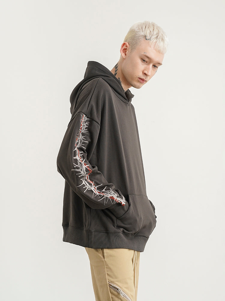 Loose Hooded Sweatshirt With Thorns Embroidery