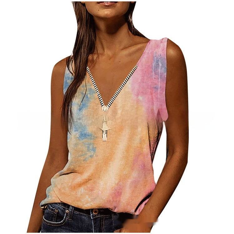 Women's V-neck Zipper Pullover Print Vest