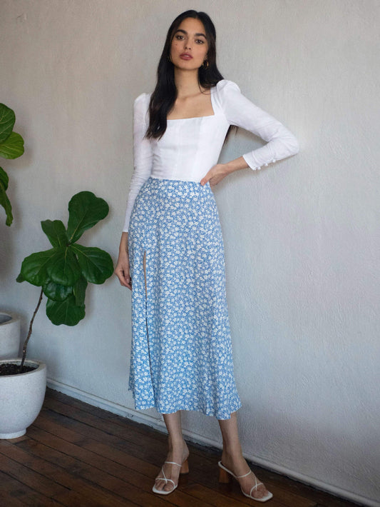 Flower Print High Waist Stretch Split Long A-Line Polka Dot Skirt Women