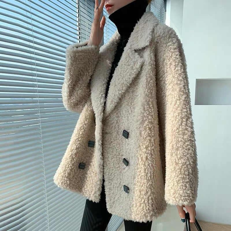 All Wool Granular Sheep Shearing Mid Length Large Size Fur Coat