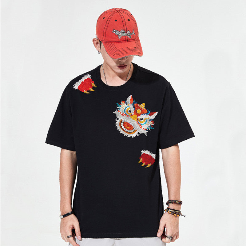 Short Sleeve T-shirt Men's Round Neck Half Sleeve Lion Embroidery