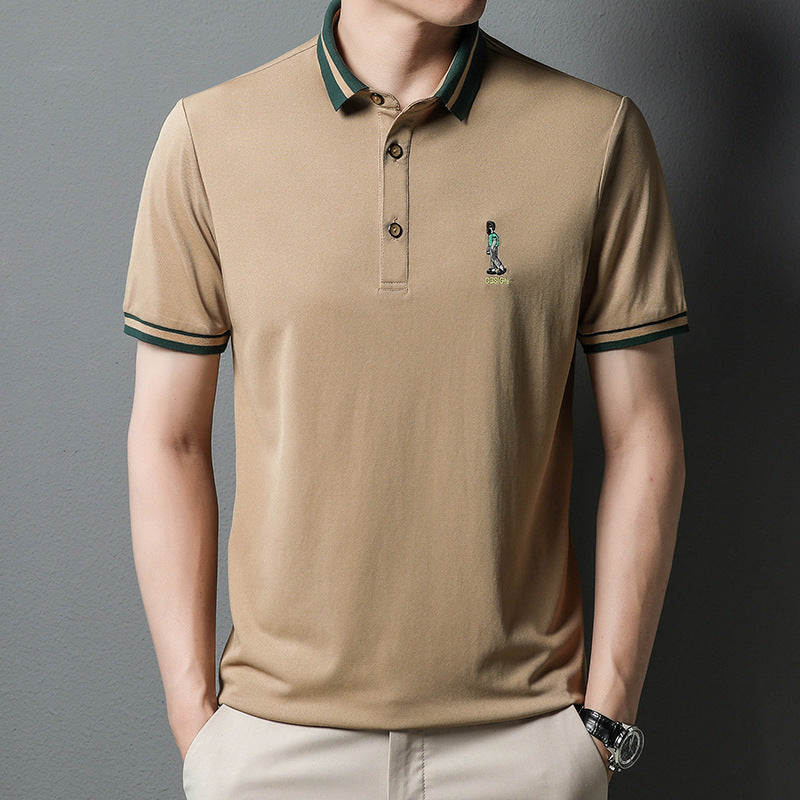 New Ice Silk Lapel T-shirt Men's Fashion Breathable Embroidery